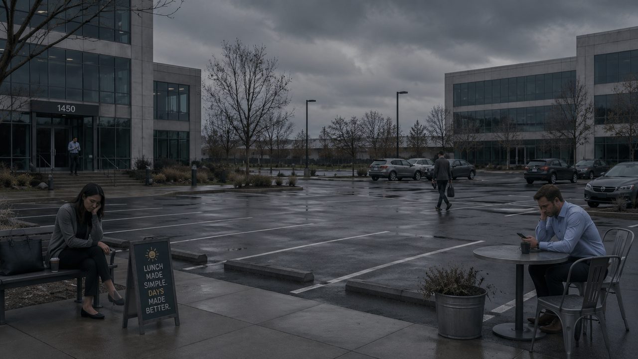 A grey, rainy office parking lot with two coworkers eating alone